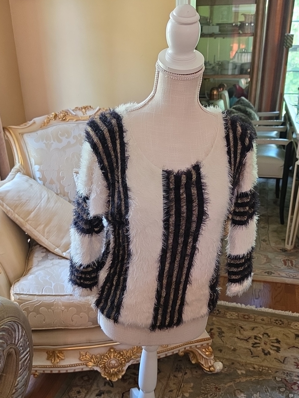 bebe White Fuzzy Crewneck Sweater with Black Stripes
